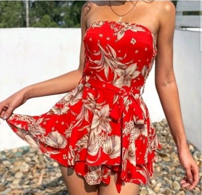 EILLY BAZAR Women's Red Floral Print Belted Layered Hem Tube Romper Size Small