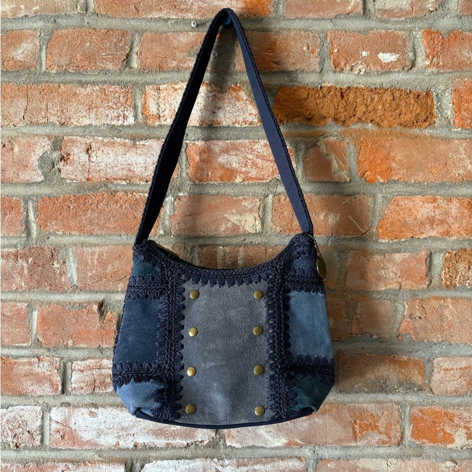 The Sak Navy Suede Leather Shoulder Bag Studded Boho Hobo Purse