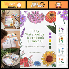 Beginner Watercolor Workbook - 15 DIY Flower Patterns, Adult Coloring Book