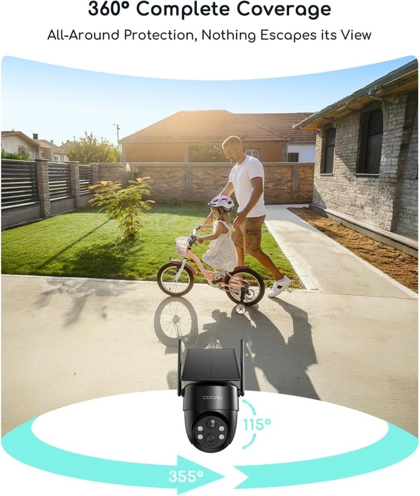 COOAU Solar Security Cameras Wireless Outdoor,2K 360° Camera for