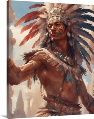 Aztec Native Indain With Headdress Gallery Canvas Wrap Art Print Western Art