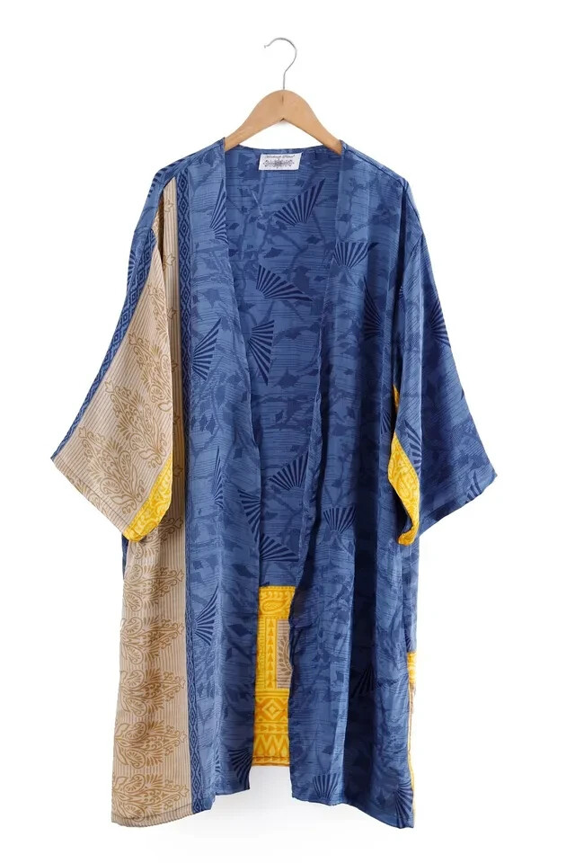 Mujeres Boho Playa Cárdigan Kimono Blusa Seda Sari Bikini Cubrir Top Color Azul