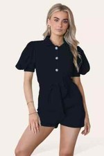 Ladies Tie Belt Button Up Shirt Shorts set Women's Blouse Top Two Piece UK8-14