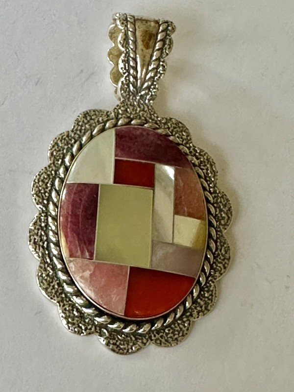 Carolyn Pollack Relios Southwest Sterling Coral Multi-Stone Inlay Pendant 17.6g
