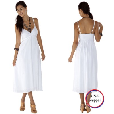 1 World Sarongs Womens Long Summer Embroidered Cross Over Dress in White - XXS