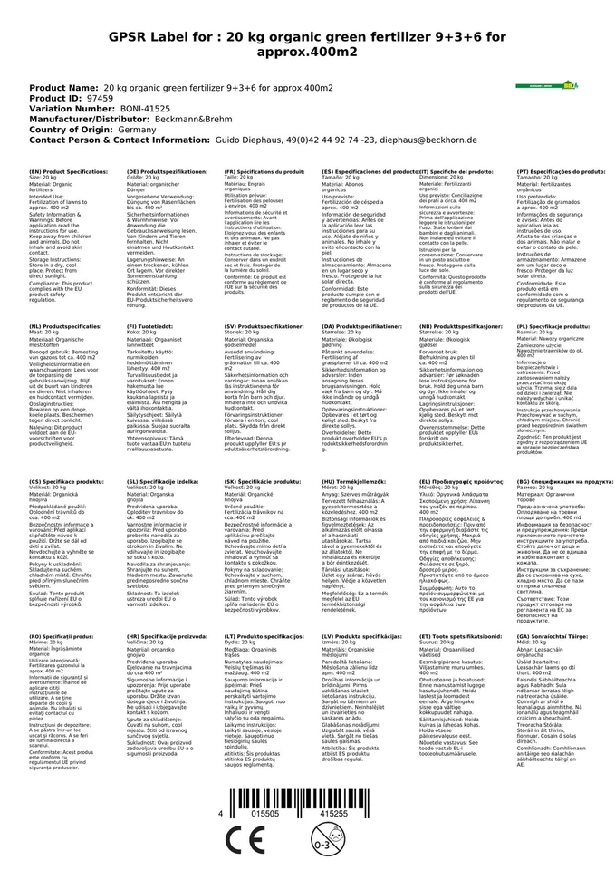 20 kg Bio-Rasendünger organisch 9+3+6 für ca.400m² - Bild 2 von 2