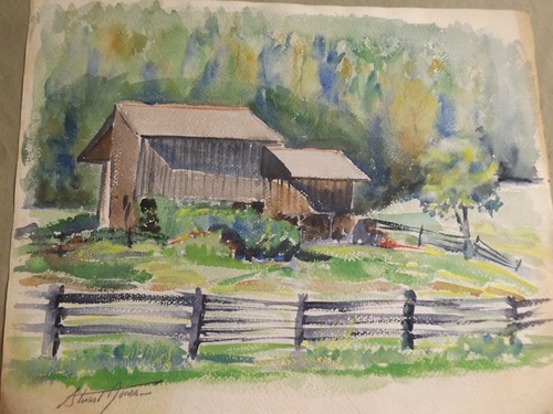 1950 Austria En Plein Air Watercolor Painting Barn w Home Above? by Stuart Jones - Picture 2 of 6