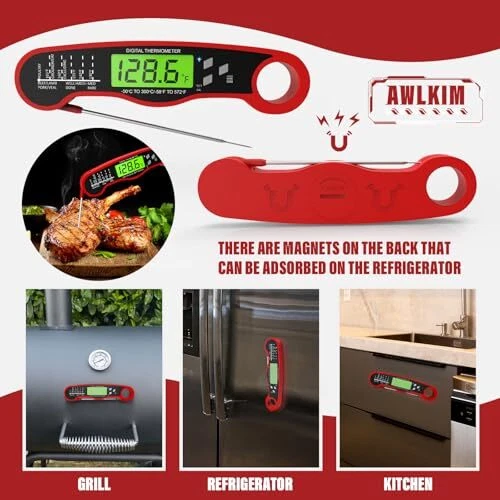 Meat Thermometer Digital - Waterproof Kitchen Thermometer with Backlight Red