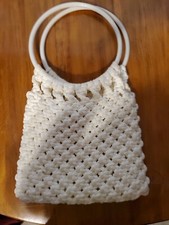 Vintage MACRAME Ivory Handbag Purse 70/80s Lined Knotted Cord Boho Double Handle