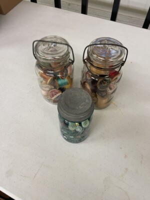 2 Quart Jars of Spools of Thread & 1 Pint Jar Buttons, Foster, Atlas & Ball jars