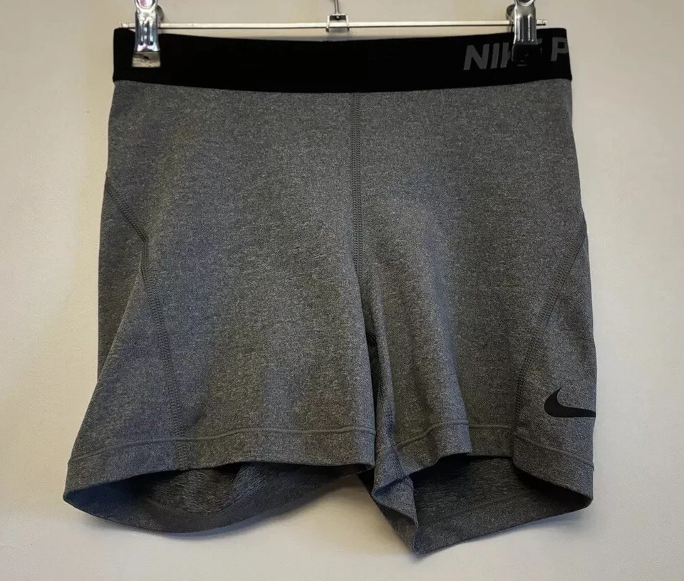 NIKE PRO Womens Shorts Sz S Spell Out Mid-rise Grey Logo Sport Gym Active Casual