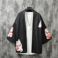 Manteau Yukata Kimono à Motif Chat Porte-Bonheur, Unisexe, Noir/Rose