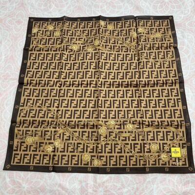 FENDI handkerchief mini scarf zucca pattern 100% cotton brown