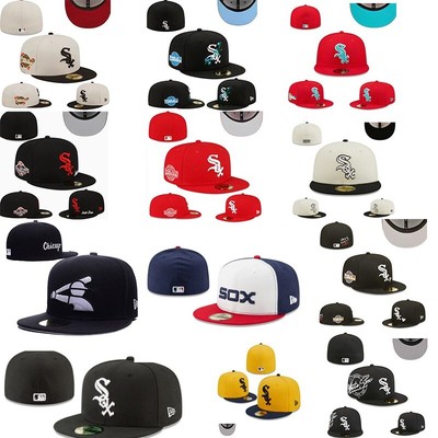 Men's Flat Fitted Full Closed Stitched Caps Sports Solid Baseball Hats White Sox