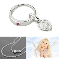 MäDchen Rubin Herz Schutz Engel Taufring Silber 925 Rhodiniert Mit 38 Cm Kette