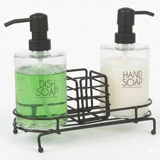 3pc Glass Dish Hand Soap Dispenser Set Black Wire Kitchen Sink Tidy Sponge Caddy
