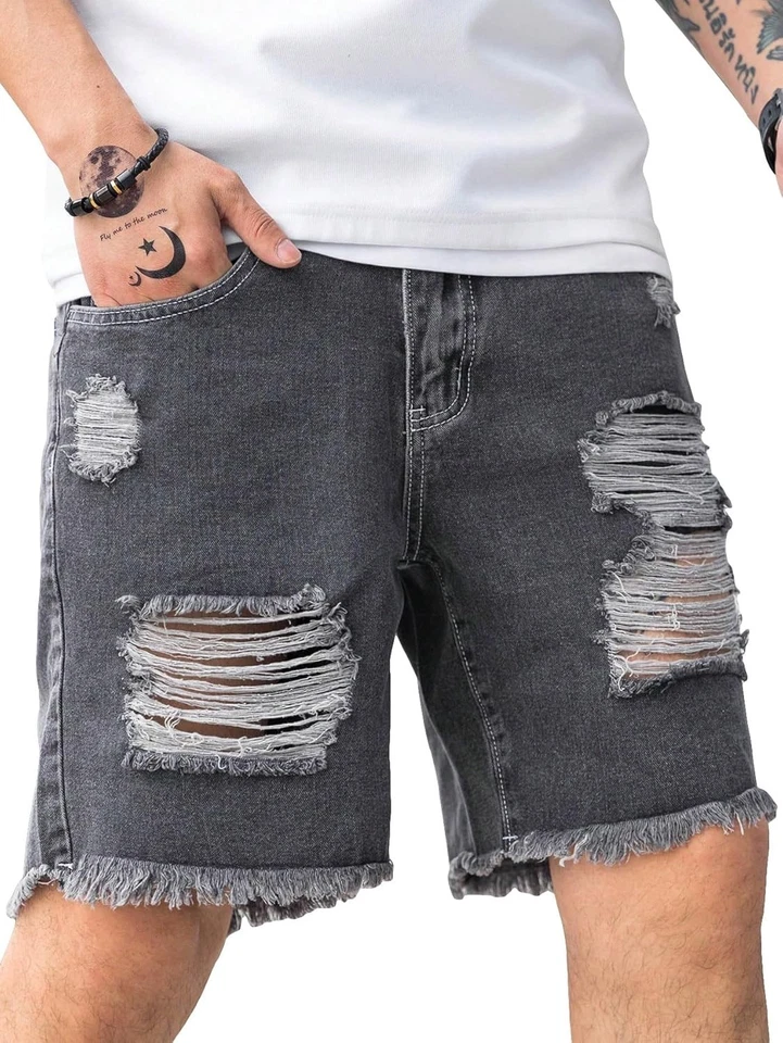 Pantalones Cortos de Denim Bermudas Rasgadas Para Hombre Pierna Recta Dobladillo Crudo con Bolsillos Informal Jean