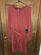 Simply Vera Vera Wang Maroon Polka Dot Ruffle Long Sleeve A-Line Dress XXL