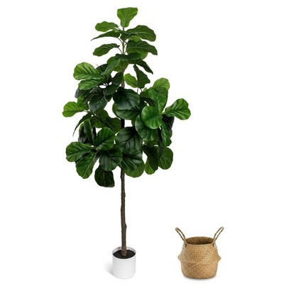 Artificial Fiddle Leaf Fig Tree 6FT - Large Fake Tree with White Planter&Bask...