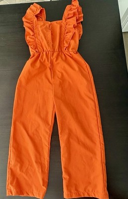 Girl Orange Solid Ruffle Strap Square Neck Sleeveless Straight Leg Jumpsuit