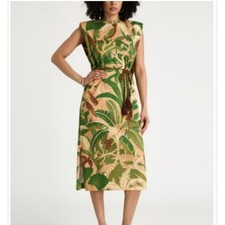FARM Rio Midi Dress Women XXS Green Tropical Palm Padded Shoulder Excellent