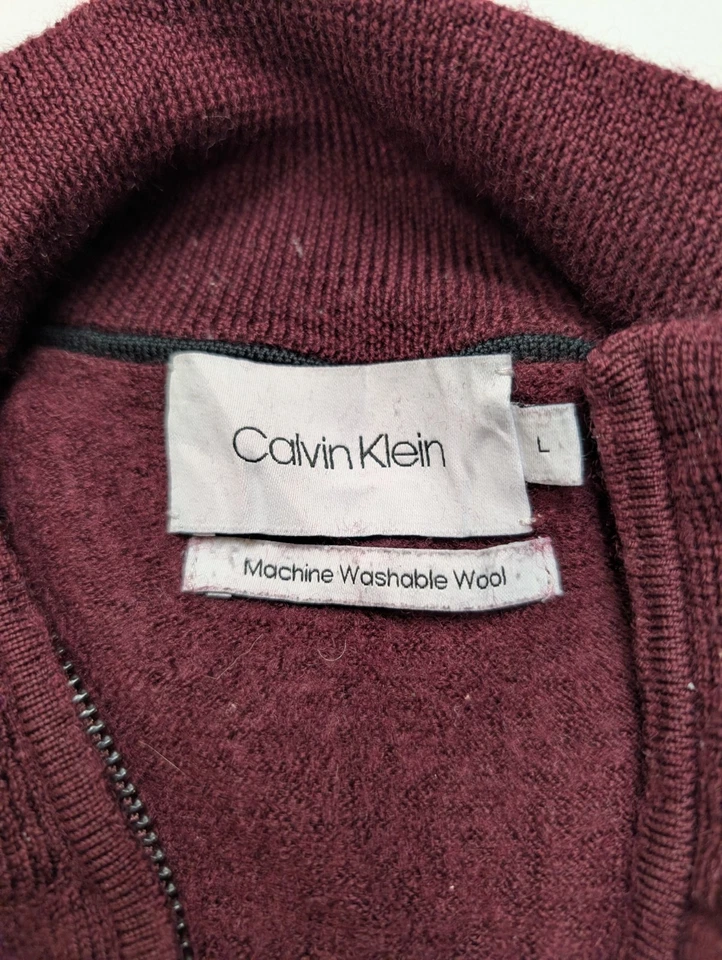 Pull Calvin Klein Col Montant Zippé 100% Laine Bordeaux Vintage Taille L - Photo 3/4