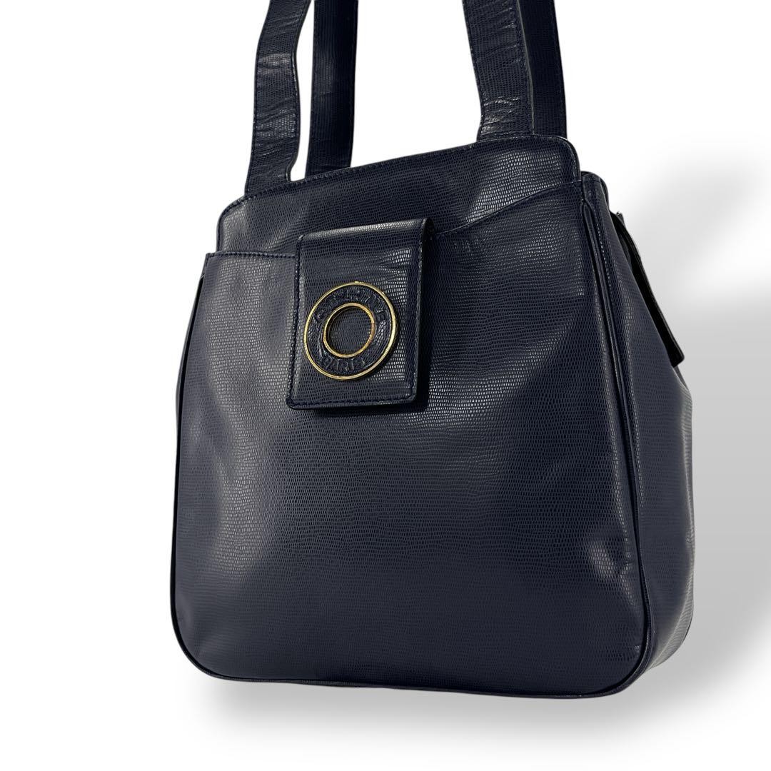 Celine One Shoulder Bag Circle Logo Handbag Leather Navy Authentic