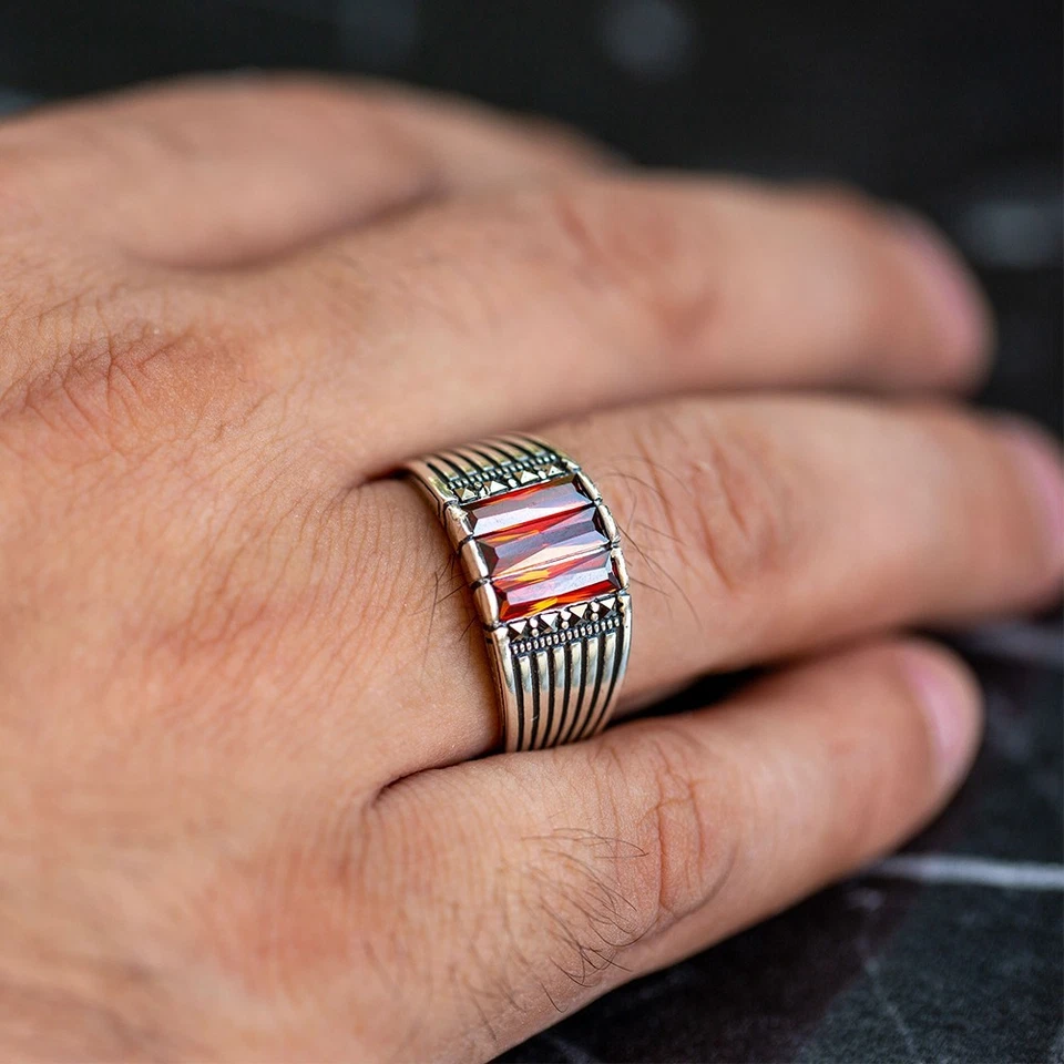 Anel masculino de prata esterlina 925 pedra preciosa granada vermelha natural - Imagem 2 de 4