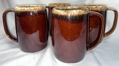 Vtg HULL Pottery USA BROWN DRIP GLAZE Coffee Cups Beer Mugs 16oz 5” tall Set-4