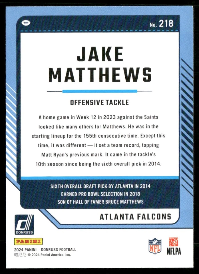 2024 DONRUSS JAKE MATTHEWS ATLANTA FALCONS #218 - Image 2 of 2