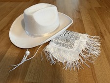 White Cowboy Hat, White Ribbon, White Paisley Bandana With Fringes
