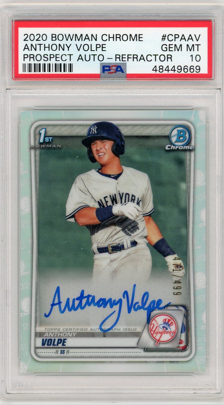 2020 Bowman Chrome 1ST Auto Anthony Volpe #CPAAV PSA 10 Refractor /499 Yankees