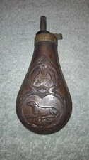 Antique Embossed Copper/Brass Powder Flask w/ Birds and Hunting Dogs