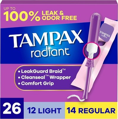 Tampax Radiant Tampons Multipack, with LeakGuard Braid, Light/Regular Absorbency