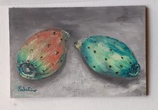 QUADRO DIPINTO OLIO SU TAVOLETTA TELATA NATURA MORTA FICHI D'INDIA UNICA FIRMATA