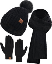 Hat Scarf and Gloves Set for Women, Womens Beanie Hats Thermal Touchscreen Glove