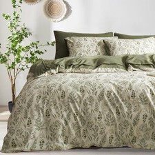 Floral Duvet Cover Queen Size Reversible Olive Green Botanical Flower Bedding