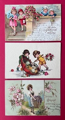 3 x Happy Birthday Postcard 1904/40 Children with Gifts (169824