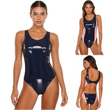 US Womens Wetlook Leather Backless Monokini Crew Neck Backless Bodysuit Swimwear