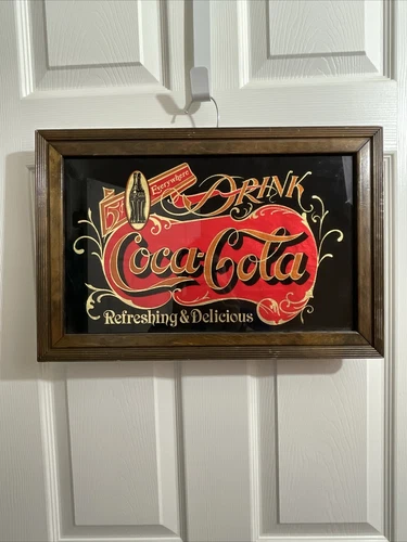 Vintage Advertising 5 cent Coca Cola Glass Gold Foil Sign Wood Frame 12.5x18.5"