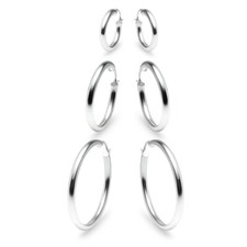 3 Pair Set Small Medium Large Round Hoop Earrings in 925 Silver, 20mm 30mm 40mm
