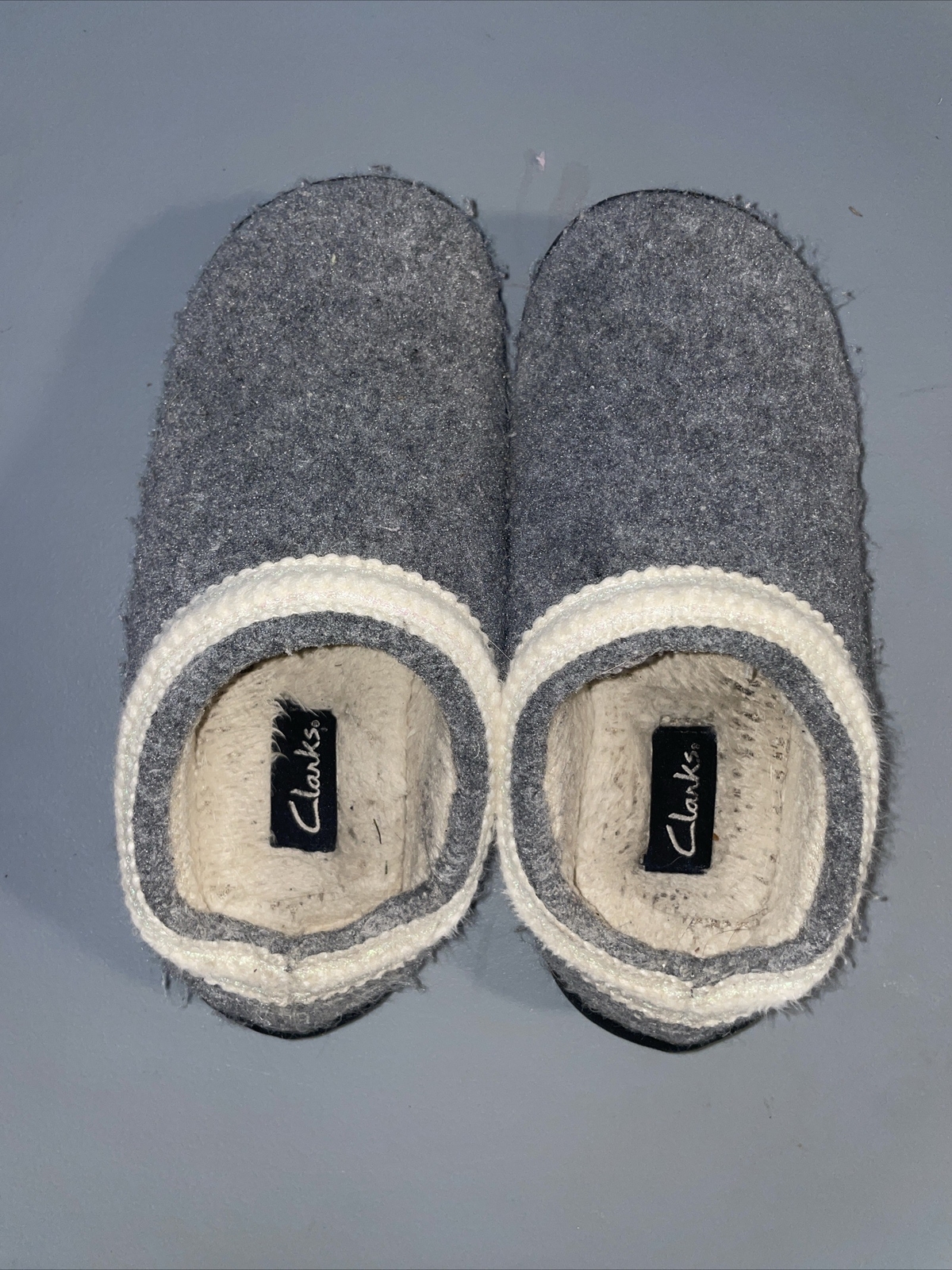 SAOLA Clarks Zoccoli Mule Ciabatte Scarpe Donna Tg 7M Grigio e Feltro Foderato Accogliente Suola Rigida