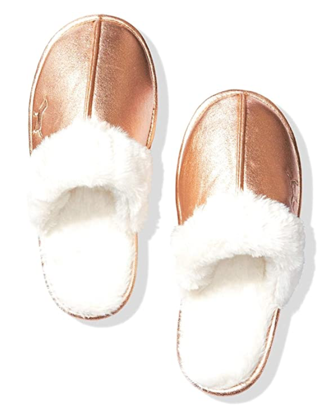 PANTOFOLA D’ORO PANTOFOLE METALLICHE FODERATE VICTORIA'S SECRET ORO ROSA FINTA PELLICCIA SINTETICA PICCOLE NUOVE