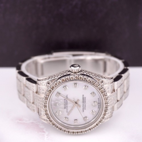 Rolex Oyster Perpetual 31mm Midsize ICED 8ct Diamonds Pearl Steel Watch 177234 - Picture 9 of 10