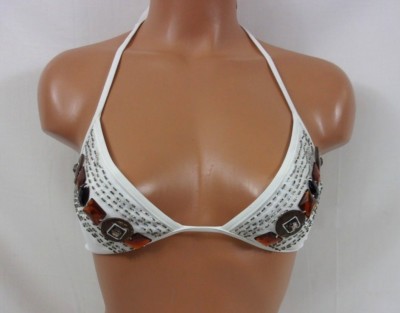 Sauvage Amber Road Beaded Halter Tie Bikini Top Sm-Lg White 1107L
