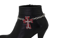 Women Silver Metal Chain Boot Bracelet Shoe Red Cross Charm Wedding Bridal Bride