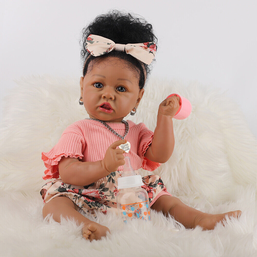 22'' Reborn Baby Girl Doll Full Body Vinyl Silicone African American Black  Bath