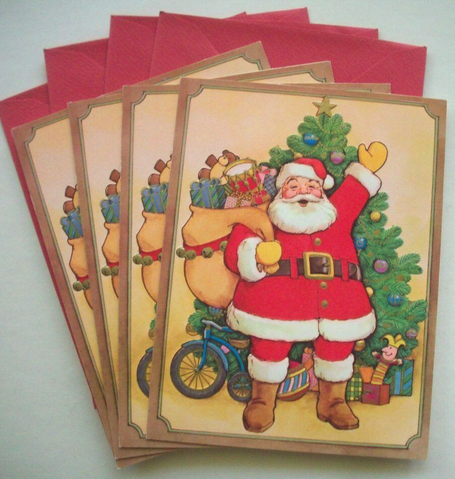 4WavingembossedSantavintageChristmasGreetingcardsUnused*F