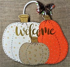 WELCOME Autumn Fall Thanksgiving SIGN Wall Art Door Hanger Plaque Wood Pumpkins