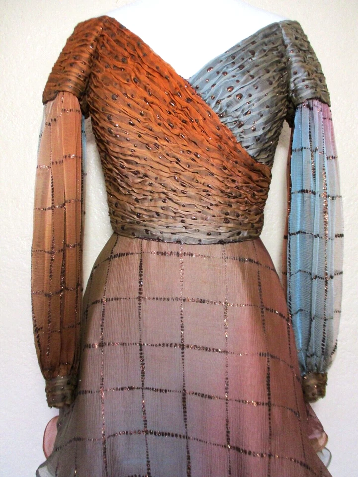 Vestido de cóctel vintage años 80 Paticia Rhodes talla 4 mujer gris cobre gasa Foto 3 de 4